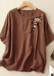Beautiful Khaki O Neck Embroidered Linen T Shirts Summer