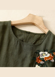 Beautiful Khaki O Neck Embroidered Linen T Shirts Summer