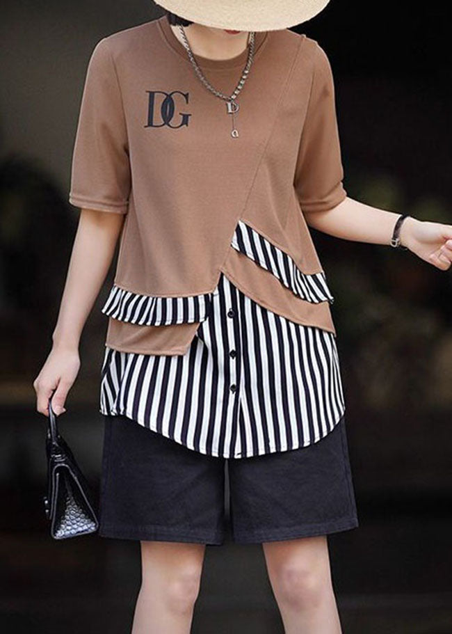 Beautiful Khaki O Neck Striped Patchwork Cotton T Shirt Summer