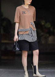 Beautiful Khaki O Neck Striped Patchwork Cotton T Shirt Summer