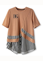 Beautiful Khaki O Neck Striped Patchwork Cotton T Shirt Summer