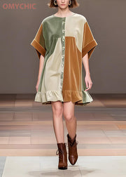 Beautiful Khaki Oversized Patchwork Silk Velvet Tea Dress Spring