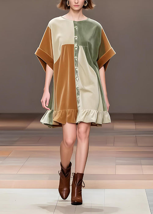 Beautiful Khaki Oversized Patchwork Silk Velvet Tea Dress Spring