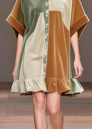 Beautiful Khaki Oversized Patchwork Silk Velvet Tea Dress Spring