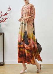 Beautiful Khaki Oversized Print Knit Long Dresses Fall