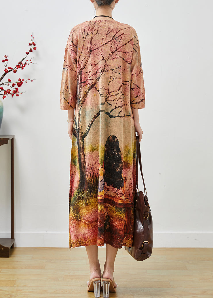 Beautiful Khaki Oversized Print Knit Long Dresses Fall