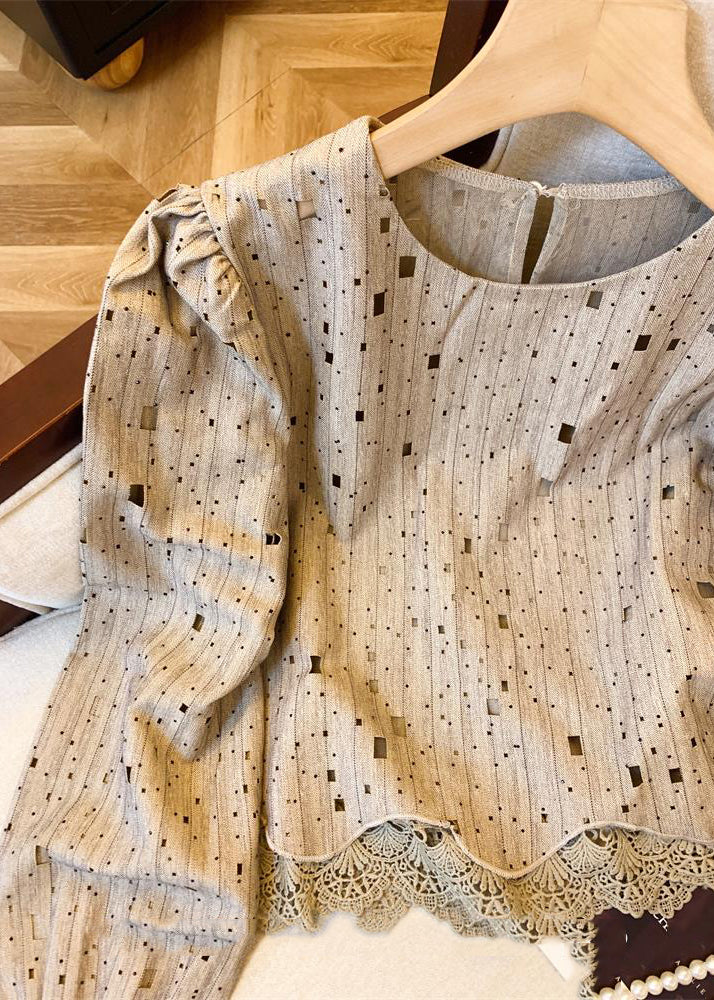 Beautiful Khaki Patchwork Hole Hollow Out Shirts Spring