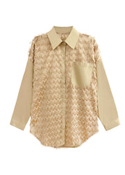 Beautiful Khaki Peter Pan Collar Patchwork Tassel Cotton Blouses Spring