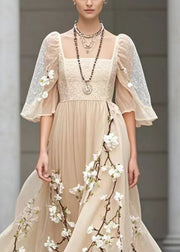 Beautiful Khaki Puff Sleeve Three-dimensional Plum Blossom Chiffon Sundress