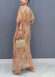 Beautiful Khaki Sequins Wrinkled Tulle Party Long Dress Puff Sleeve