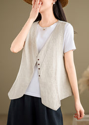 Beautiful Khaki V Neck Button Cotton Vest Tops Sleeveless