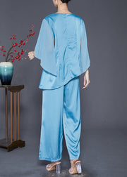 Beautiful Lake Blue Asymmetrical Wrinkled Silk Two Pieces Set Fall