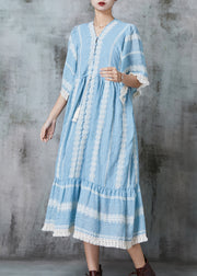 Beautiful Lake Blue Oversized Drawstring Cotton Maxi Dresses Summer