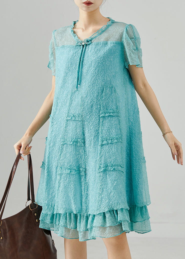 Beautiful Lake Green Tasseled Ruffled Silk Dress Summer