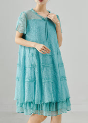 Beautiful Lake Green Tasseled Ruffled Silk Dress Summer