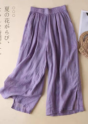 Beautiful Lavender Elastic Waist Side Open Linen Straight Pants Summer