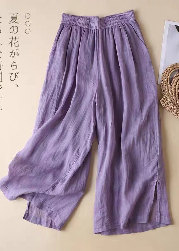 Beautiful Lavender Elastic Waist Side Open Linen Straight Pants Summer