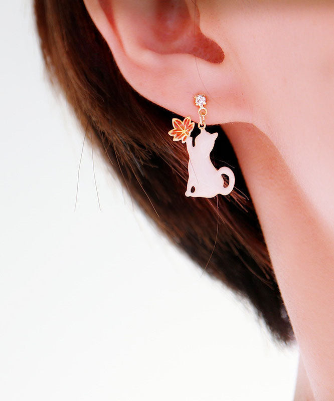 Beautiful Leaves And Cute Cats Copper Asymmetrical Design Drop Earrings