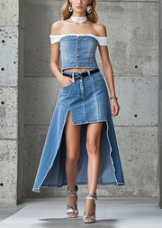 Beautiful Light Blue Asymmetrical Side Open Denim Skirt Summer