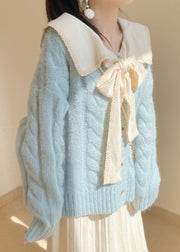 Beautiful Light Blue Bow Collar Cozy Knit Sweater Tops Winter