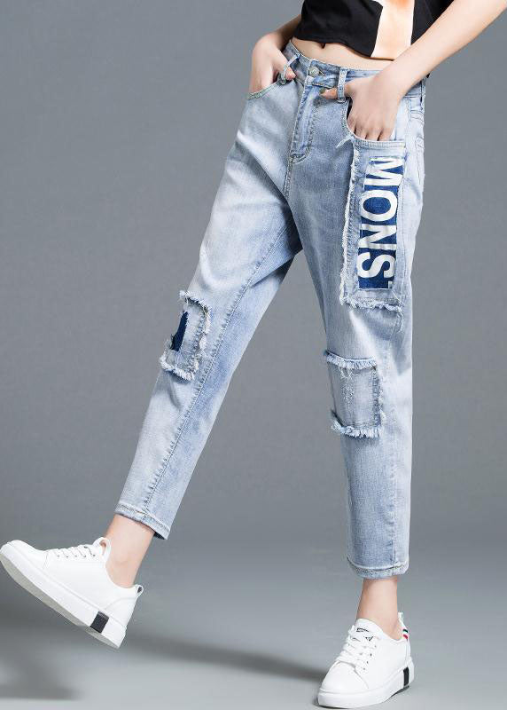 Beautiful Light Blue High Waist Letter Print Cotton Denim Jeans Summer