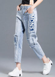 Beautiful Light Blue High Waist Letter Print Cotton Denim Jeans Summer