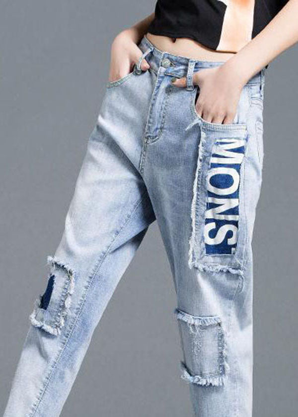 Beautiful Light Blue High Waist Letter Print Cotton Denim Jeans Summer