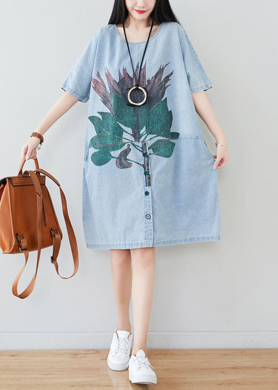 Beautiful Light Blue Oversized Patchwork Print Cotton Denim Dress Summer