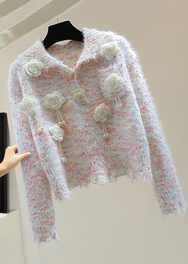 Beautiful Light Blue Peter Pan Collar Floral Tassel Thick Cotton Knitted Sweater Winter