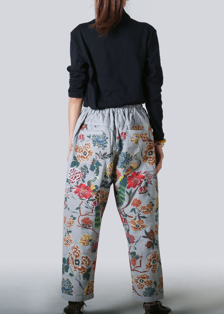 Beautiful Light Blue Pockets Print Denim Straight Pants Spring