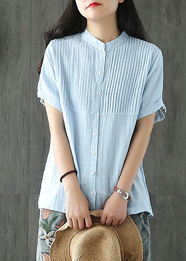 Beautiful Light Blue Stand Collar Wrinkled Button Linen Blouse Tops Short Sleeve