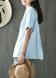 Beautiful Light Blue Stand Collar Wrinkled Button Linen Blouse Tops Short Sleeve