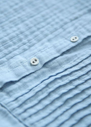 Beautiful Light Blue Stand Collar Wrinkled Button Linen Blouse Tops Short Sleeve