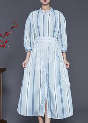 Beautiful Light Blue Striped Patchwork Lace Cotton Dresses Spring