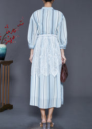 Beautiful Light Blue Striped Patchwork Lace Cotton Dresses Spring