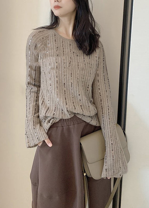 Beautiful Light Brown O Neck Sequins Knit Sweaters Long Sleeve