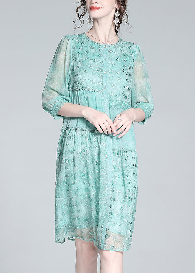 Beautiful Light Green O-Neck Embroideried Button Long Dresses Summer