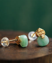Beautiful Light Green Sterling Silver Overgild Jade Stud Earrings