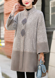 Beautiful Light Grey Stand Collar Patchwork Pockets Mink Hair Knitted Trench Coats Winter