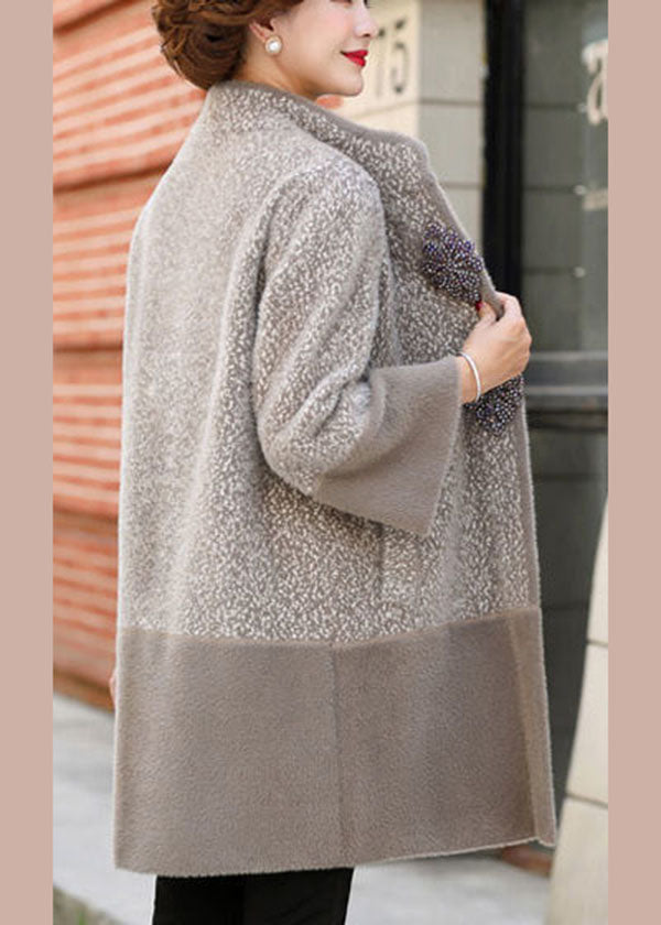 Beautiful Light Grey Stand Collar Patchwork Pockets Mink Hair Knitted Trench Coats Winter