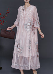 Beautiful Light Pink Embroidered Silk Holiday Dress Fall