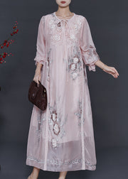 Beautiful Light Pink Embroidered Silk Holiday Dress Fall