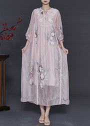 Beautiful Light Pink Embroidered Silk Holiday Dress Fall