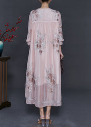 Beautiful Light Pink Embroidered Silk Holiday Dress Fall