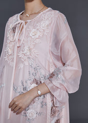 Beautiful Light Pink Embroidered Silk Holiday Dress Fall