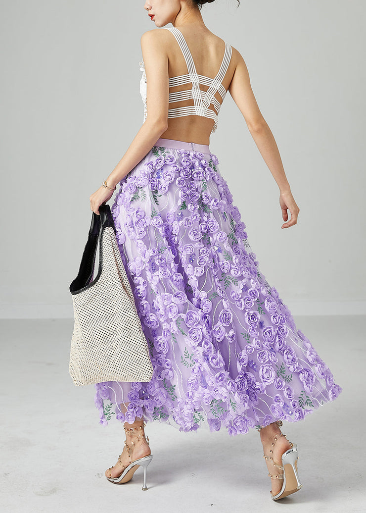 Beautiful Light Purple Embroideried Floral Tulle Skirts Summer