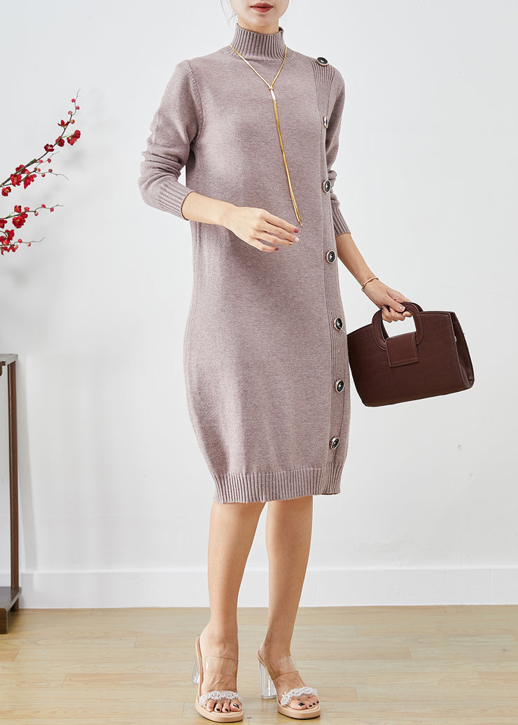 Beautiful Light Purple High Neck Button Knit Dress Winter