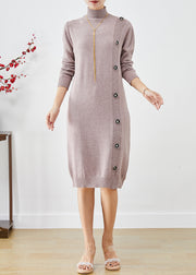 Beautiful Light Purple High Neck Button Knit Dress Winter