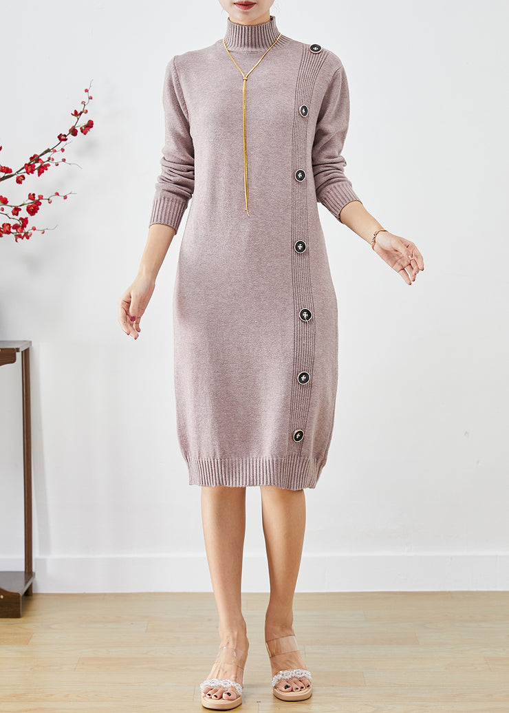 Beautiful Light Purple High Neck Button Knit Dress Winter