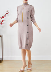 Beautiful Light Purple High Neck Button Knit Dress Winter